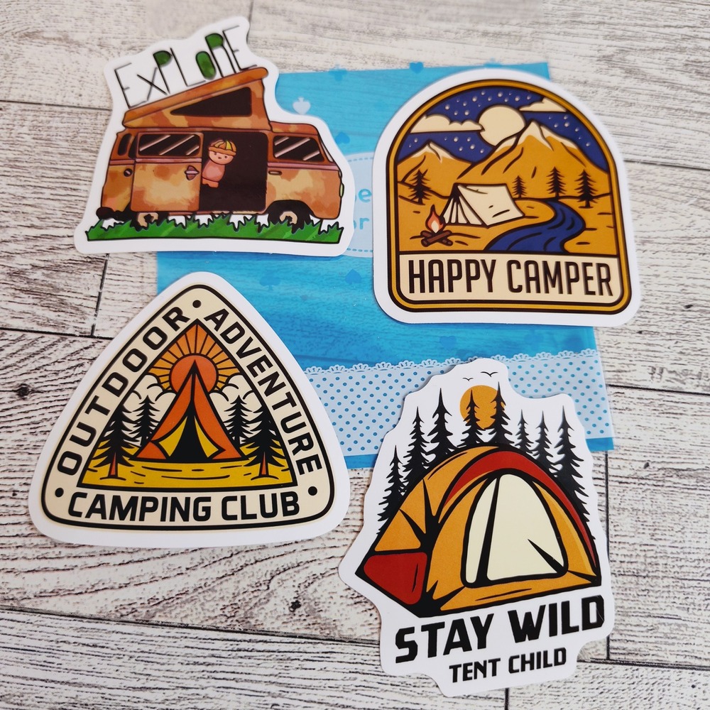4 Happy Camper Stickers - Stay Wild Tent Child & Mountain Adventure Badges
